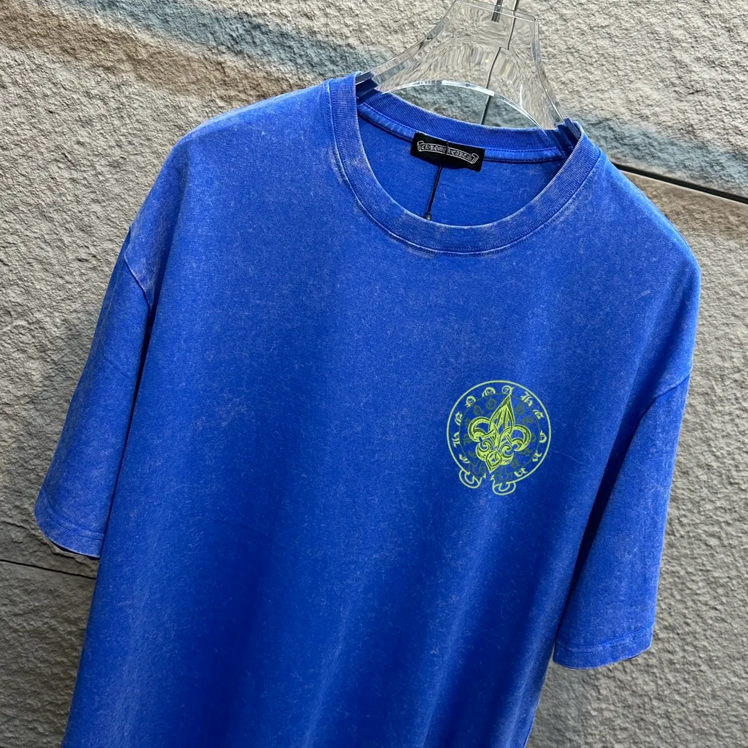 🅿️180 CH* Crow Heart* 2025 spring and summer new style Snowflake distressed washed retro round neck short sleeves Chest and front logo Horseshoe print on front and back Customized fabric Short-sleeved T-shirt Unisex Size: S M L XL XXL Color: Snowflake Black Snowflake Gray Snowflake Pink Snowflake Blue